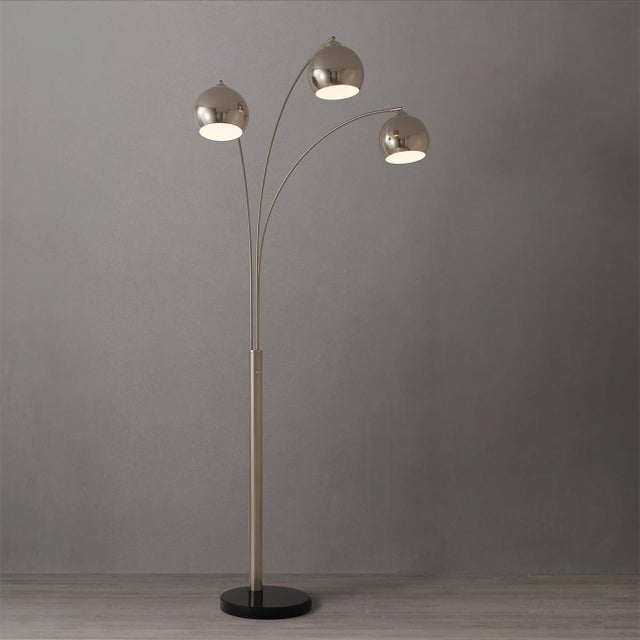 Mid-Century Modern Original 1962 Triplet 3 Light Arc Floor Lamp - Satin Nickel, Black Marble Base, Dimmer Switch For Sale - Image 3 of 13