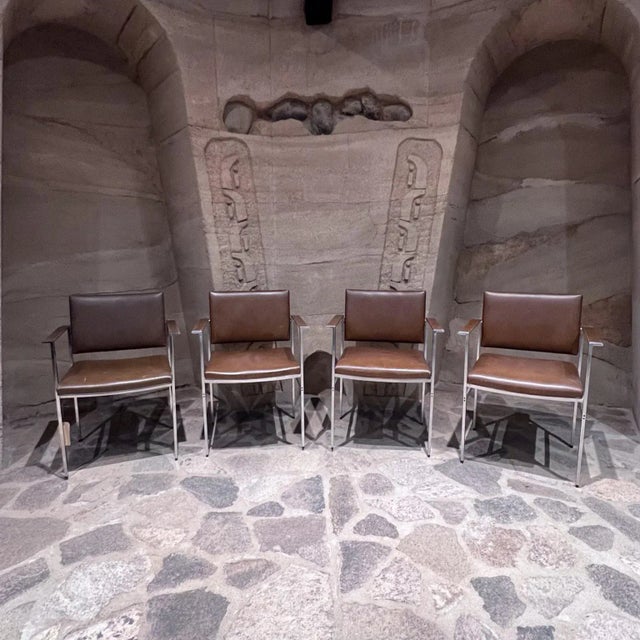 1950s Vintage Brown Leather Paddle Chairs Set of Four Ward Bennett For Sale In San Diego - Image 6 of 12