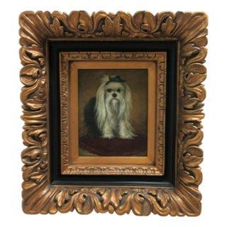 1980s French Victorian Style Maltese Dog Gold Gilt Carved Frame Art For Sale