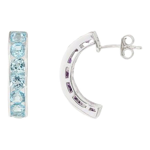 925 Sterling Silver Sky Blue Topaz Channel Set Birthstone Earrings- 2 Pieces For Sale