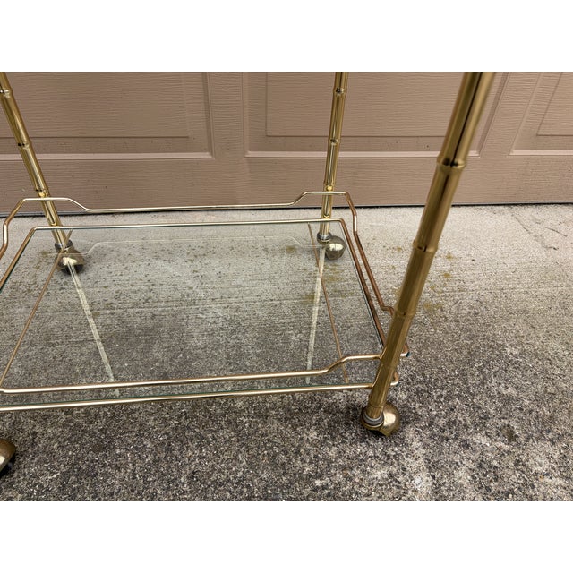 Brass 1960s Mid-Century Hollywood Regency Faux Bamboo Brass and Glass Bar Cart For Sale - Image 8 of 11
