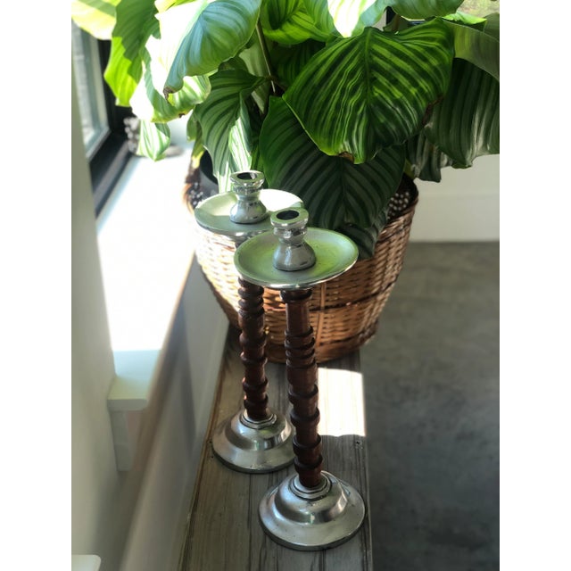 Vintage Mexican Wood & Aluminum Tall Candlestick Holders For Sale In Houston - Image 6 of 9