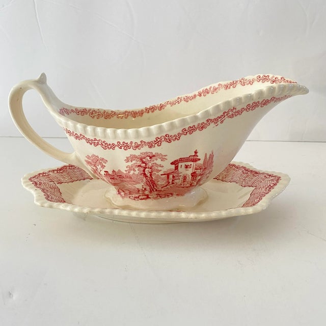 1950s Adams Mazara Red Pink Transferware Gravy Boat & Attached Underplate For Sale - Image 10 of 10