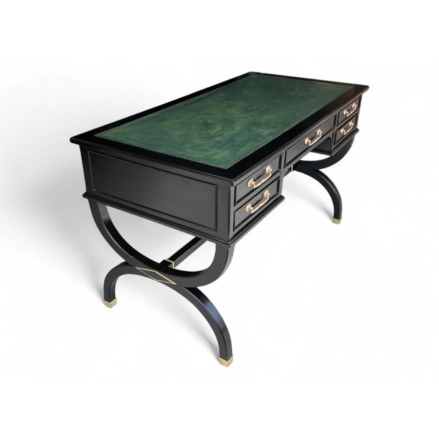 Vintage Hollywood Regency Style Ebonized Desk With Green Leather Top and Brass Details For Sale - Image 4 of 15