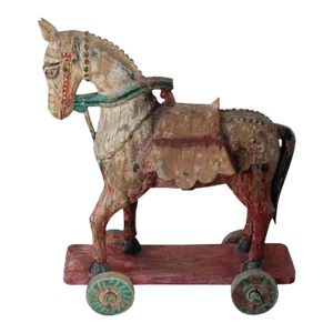 Large Antique Asian Polychrome Wooden Oversized Temple Horse From India