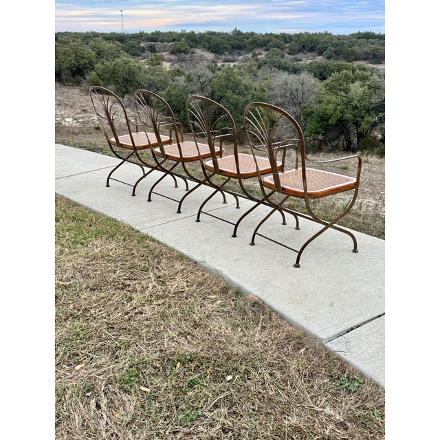 Brown Vintage Drexel Heritage Bronze Wrought Iron, Wood, Woven Cane Set of Four Arm Chairs For Sale - Image 8 of 14