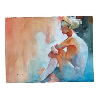 Large Seated Nude Female Watercolor Original Painting Signed For Sale