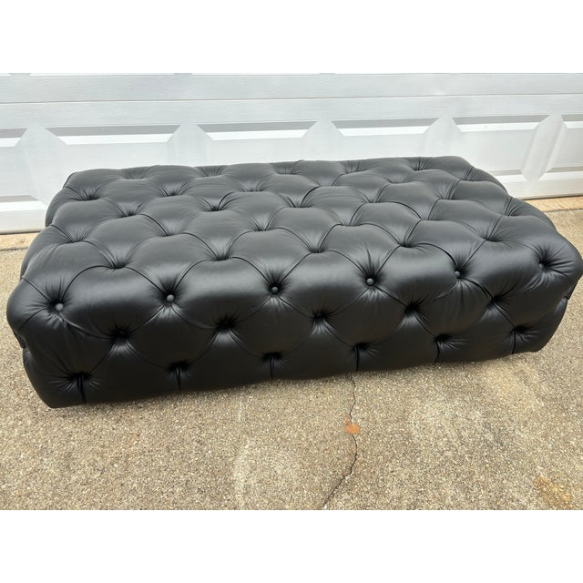 1950s Large Chesterfield Style Tufted Black Italian Leather Ottoman Bench For Sale - Image 4 of 11