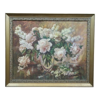 Mid 20th Century Vintage Floral Still Life Peonies Flower Vase Centerpiece Lithograph Print, Framed For Sale
