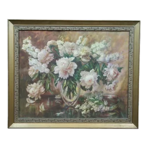 Mid 20th Century Vintage Floral Still Life Peonies Flower Vase Centerpiece Lithograph Print, Framed