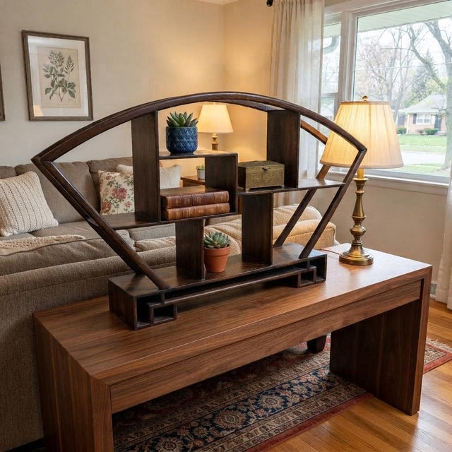 Large Size Chinese Dark Brown Fan Shape Display Curio Stand Easel For Sale - Image 4 of 12