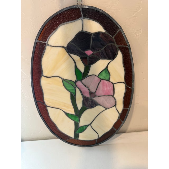 Vintage Handcrafted Oval Shaped Large Floral Motif Stained Glass Panel Suncatcher Window Hanging 18” X 13” For Sale In Phoenix - Image 6 of 9
