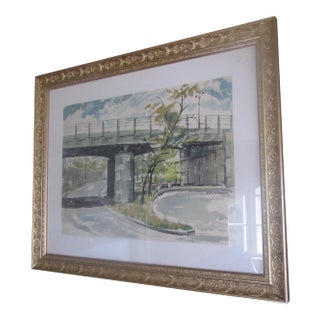 Mid-Century Water Color of East Coast Bridge, d.s. Lefkowitz For Sale