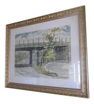 Mid-Century Water Color of East Coast Bridge, d.s. Lefkowitz