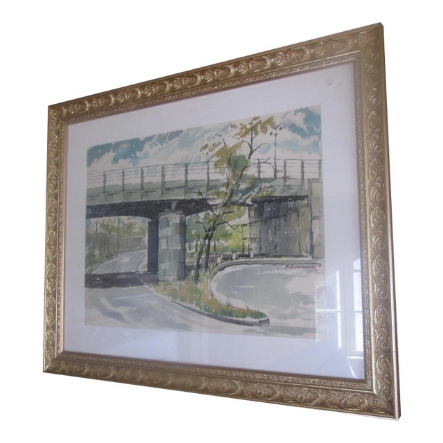 Mid-Century Water Color of East Coast Bridge, Signed d.s.. Lefkowitz For Sale