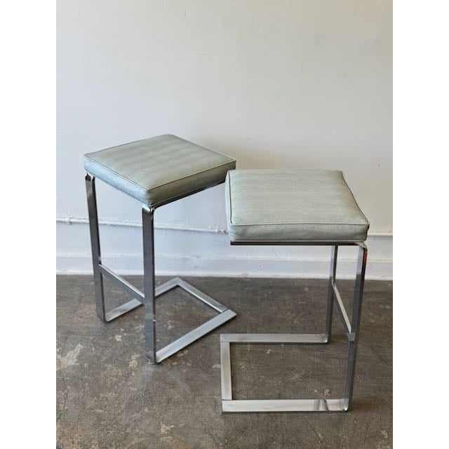 Plastic Vintage Pair of Milo Baughman Style Barstools in Blue-Gray Alligator Vinyl For Sale - Image 7 of 11