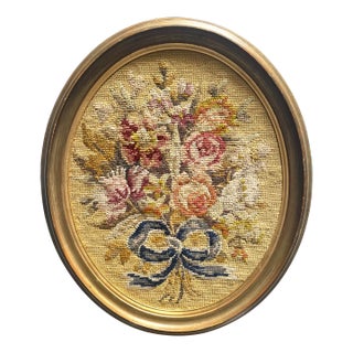 Antique Oval Art Nouveau Large Colorful Needlepoint Spring Floral in Wood Frame For Sale