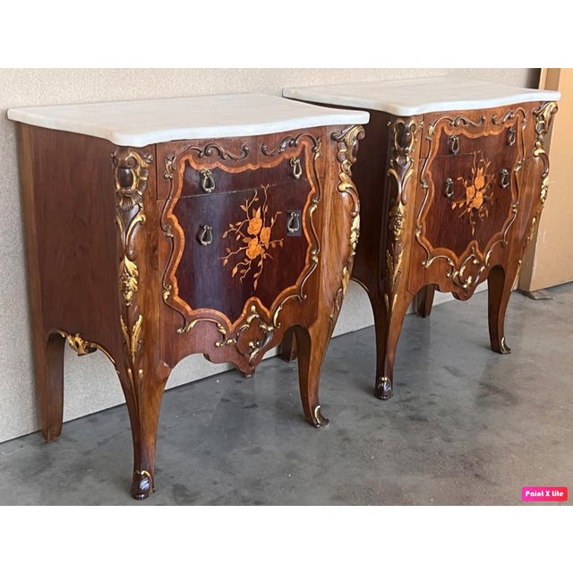 French French Louis XV Marquetry Marble-Top Nightstand or Side Tables For Sale - Image 3 of 11