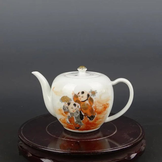 Art Deco Chinese Vintage Porcelain Tea Pot China Famille Rose Porcelain Tea Pot Hand Painted Ink Color With Gold Tracery Children Pattern For Sale - Image 3 of 8