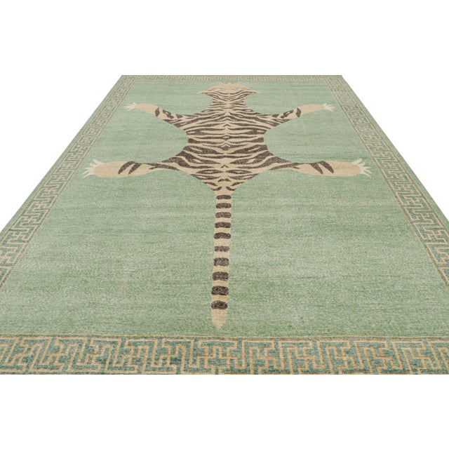 Mid-Century Modern Rug & Kilim’s Distressed Tiger Rug in Green With Beige and Black Pictorial For Sale - Image 3 of 7