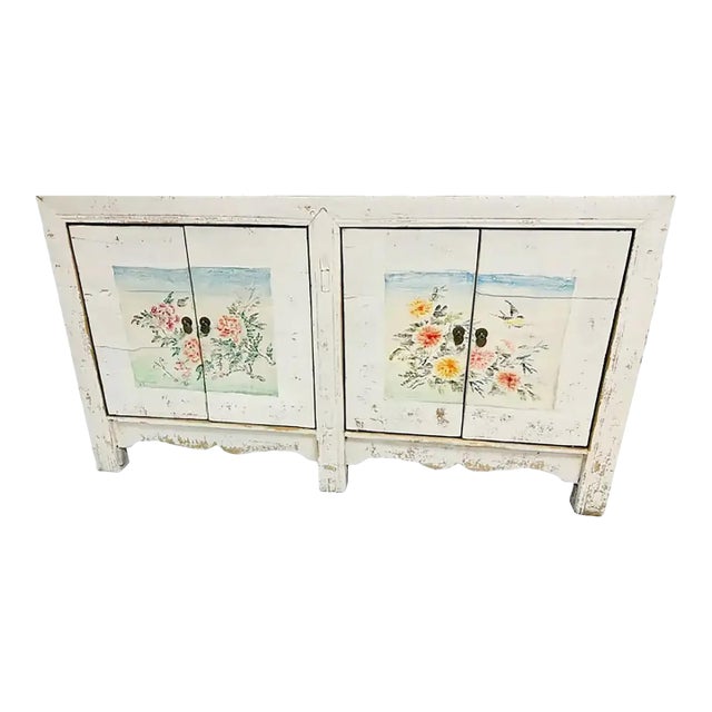 Antique Vintage Handpainted Asian Buffet Cabinet For Sale