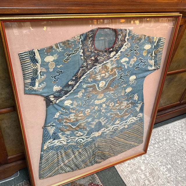 Qing Dynasty Blue Embroidered Silk Kimono, Framed For Sale - Image 10 of 12