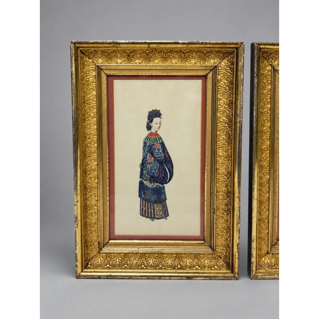 Pair Chinese Qing Court Costume Lithographs in Elaborate Gilt Frames, C. 1900 For Sale - Image 4 of 9