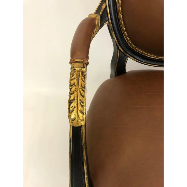 Century Supple Brown Leather and Ebonized Gilded Armchairs - A Pair For Sale In Philadelphia - Image 6 of 13