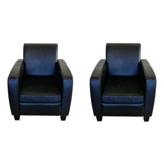 Art Deco Black Leather Armchairs, Set of 2 For Sale