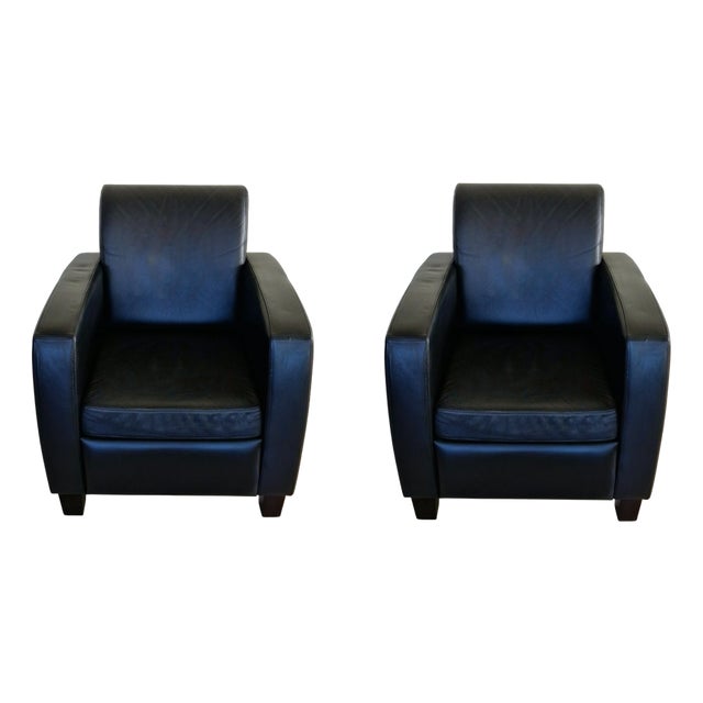 Art Deco Black Leather Armchairs, Set of 2 For Sale