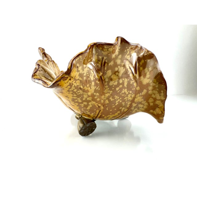 Vintage Mid Century Castilian Imports Ruffled Ceramic Lotus Bowl With Bronze Accents For Sale - Image 11 of 14