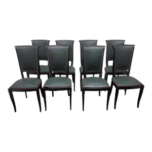 Set of 8 Original French Ebonized Wood Upholstered Dining Room Chairs -Saint Etienne, 1940s
