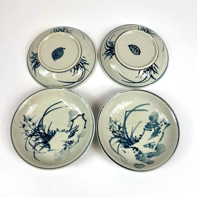Set of 4 Hand-Painted Blue and White Small Ceramic Dessert Plates For Sale - Image 4 of 6