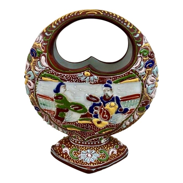 Early 20th C. Antique Japanese Satsuma Moriage Porcelain Basket Vase With Figures For Sale