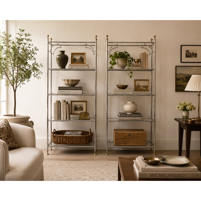 Italian Regency Style Chrome Brass Faux Bamboo Etageres Shelves Bookcases - Pair For Sale - Image 4 of 9