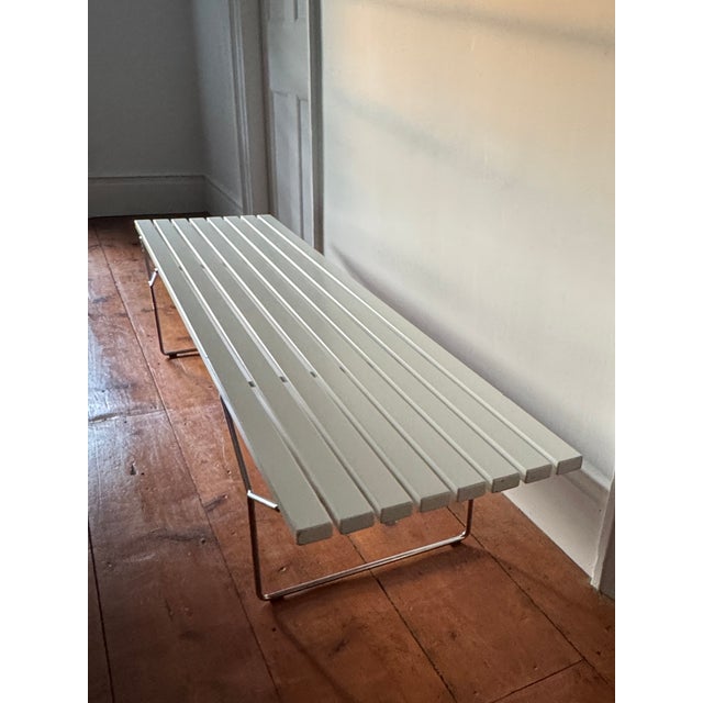 Knoll Bertoia Bench by Knoll, White Painted Wood Slat Top, Chrome Base For Sale - Image 4 of 8