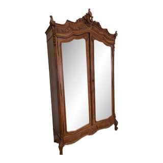 Late 19th Century French Louis XV Style Walnut Armoire With Beveled Mirror Doors & Cabriole Legs For Sale