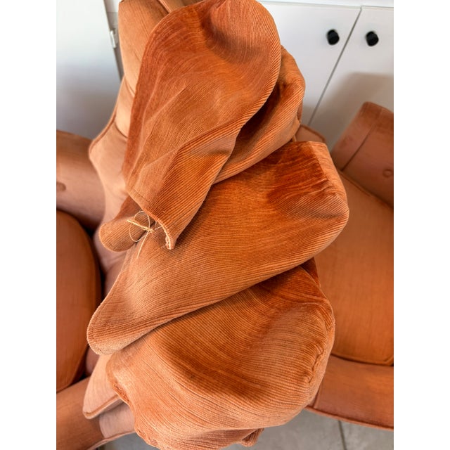 Vintage Salmon Pink Tufted Skirted Corded Velvet Swivel Club Chairs - A Pair For Sale - Image 10 of 17