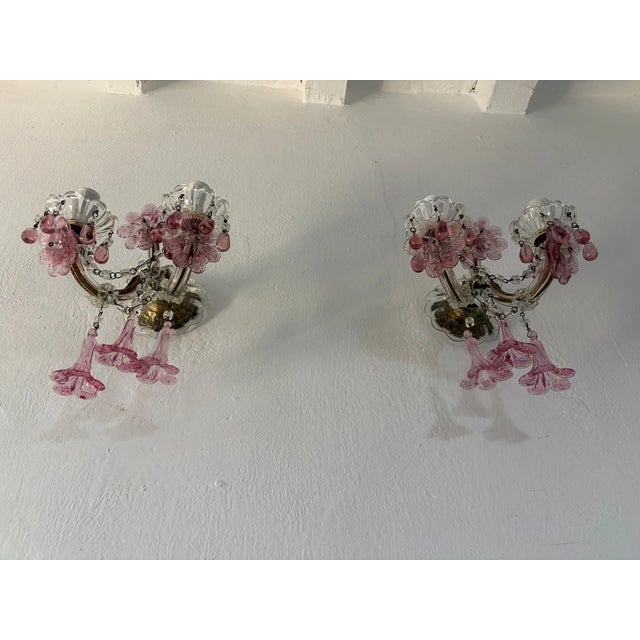 Italian C 1930 Rare Pink Cranberry Fuchsia Murano Flowers Crystal Sconces One of Kind For Sale - Image 3 of 11