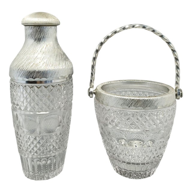 Italian Cut Crystal Cocktail Shaker and Ice Bucket from Arir, 1960s, Set of 2 For Sale
