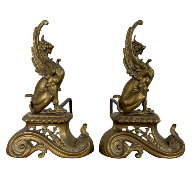 Metal Antique Brass Fireplace 6015 Andirons, 1890s, Set of 2 For Sale - Image 7 of 11