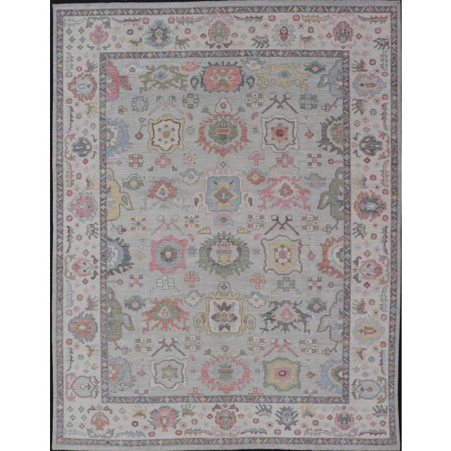 Oushak Floral Motif on Light Grey Background and Colorful Design For Sale - Image 13 of 13