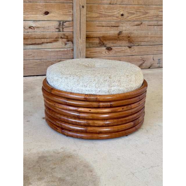 Wood Vintage Restored Stacked Bent Rattan Ottoman or Footstool Manner of Paul Frankl For Sale - Image 7 of 12