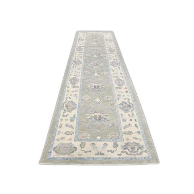 Textile Turkish Oushak Runner Olive Green & Soft Blue Handwoven Wool Rug 4'2" X 14'8" For Sale - Image 7 of 8
