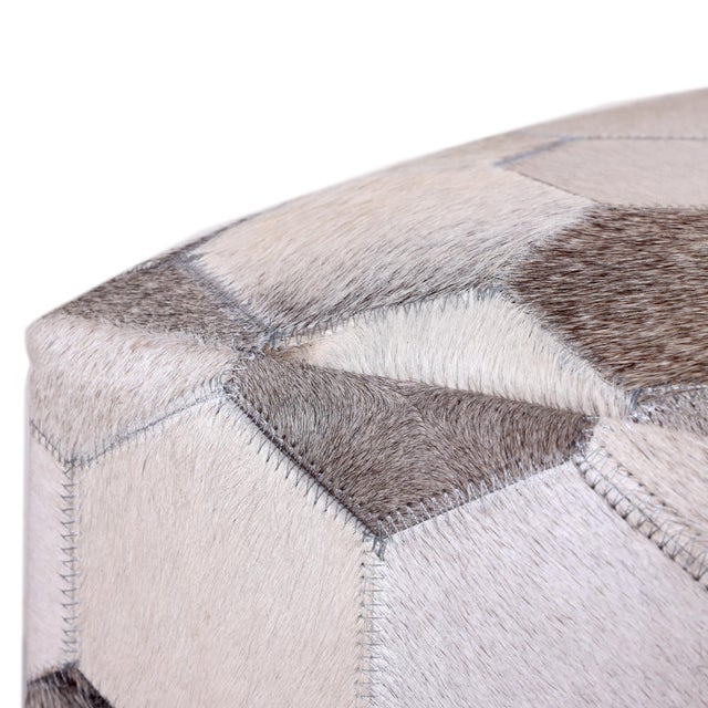Handmade Hexagon Patchwork Cowhide Leather Ottoman Pouf 18x18x18 in Neutral For Sale In San Francisco - Image 6 of 7