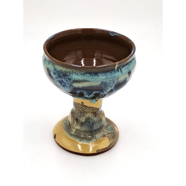Ceramic Vintage Handmade Artisan Blue/Teal/Cream Abstract Studio Pottery Goblet For Sale - Image 7 of 7