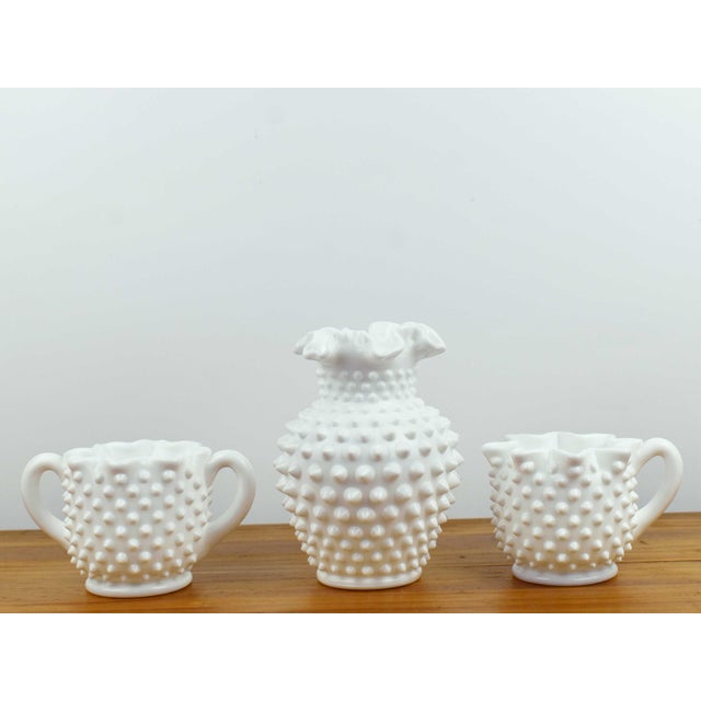 Early 20th Century Mid Century Modern Fenton White Milk Glass Hobnail Ruffled Bud Vase Star-Rimmed Sugar Bowl & Creamer - 3 Pieces Set For Sale - Image 6 of 6