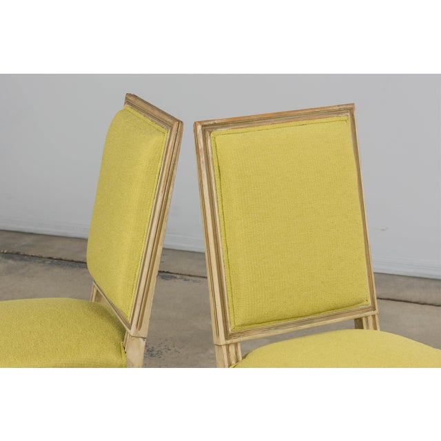 Wood Antique French Louis XVI Painted Accent Side Chairs in Chartreuse Fabric - A Pair For Sale - Image 7 of 18