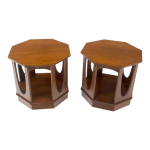 Mid-Century Modern Walnut Octagon Shape End Side Occasional Tables - A Pair