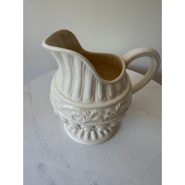 Ivory Vintage Creamware Footed Pitcher With Embossed Classical Relief For Sale - Image 8 of 9